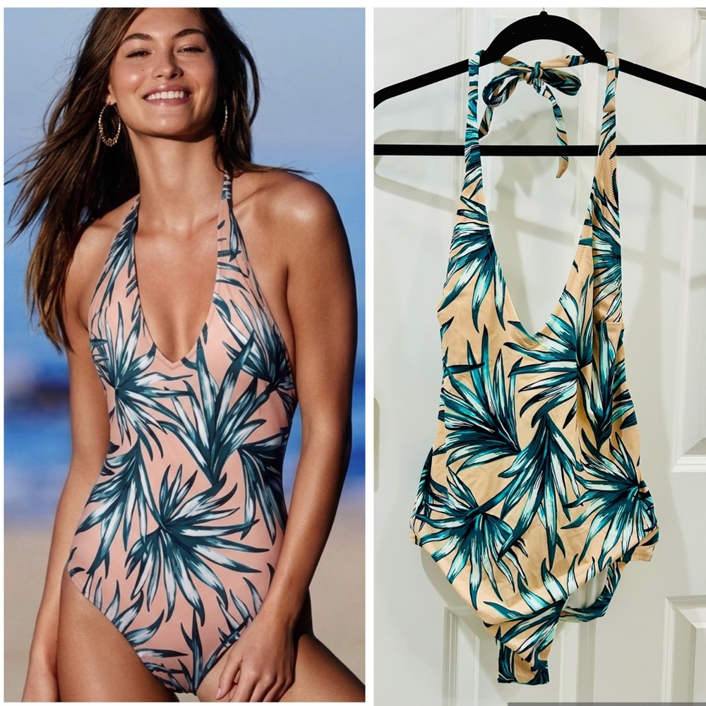 Victoria’s Secret Pink Tropical Palm Deep V Open Back One Piece Swimsuit, Medium